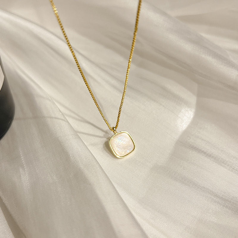 Minimalist Square Mother-of-Pearl Pendant Necklace for Women in Titanium Steel with Plated Finish and Box Chain
