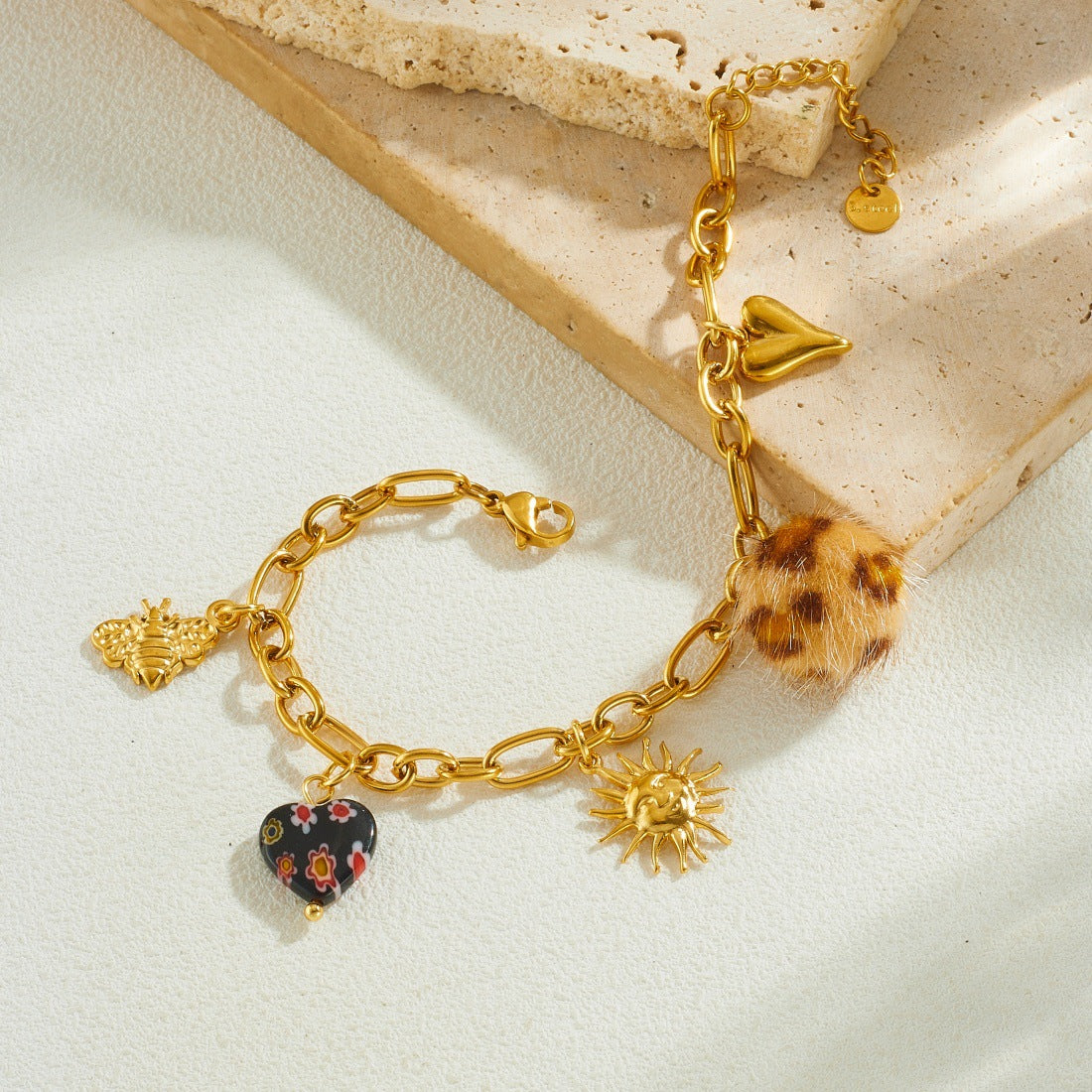 Vintage Leopard Print Floral Heart Round Gold Plated Stainless Steel Bracelet