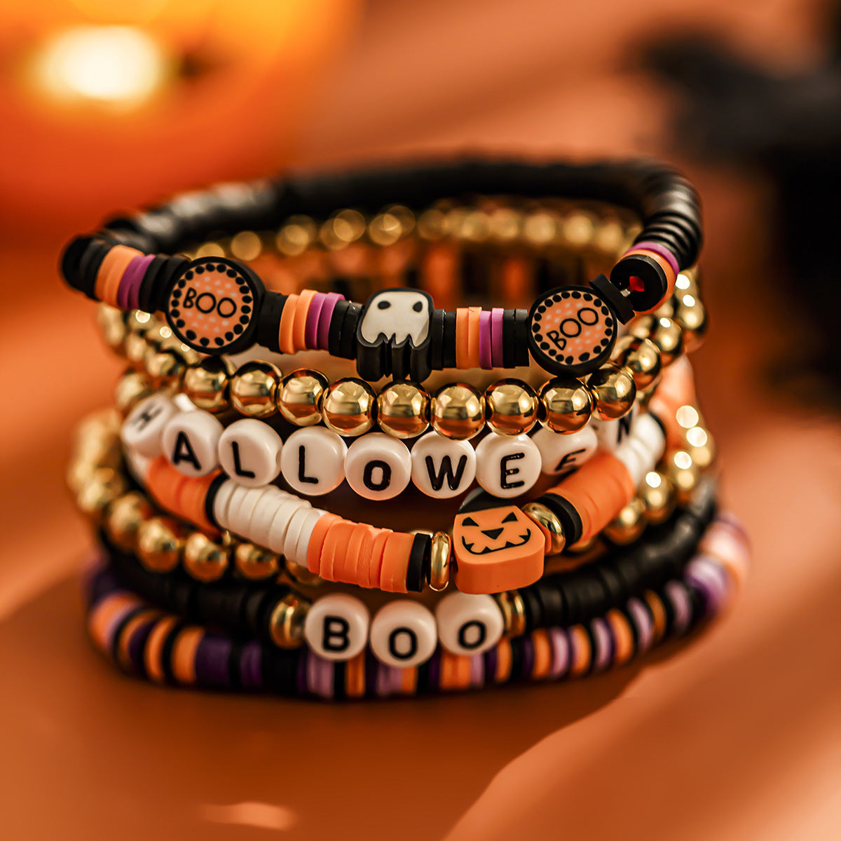 Dark Gothic Skull and Pumpkin Bracelet Set with Alloy Beads, Spider and Insect Motifs, Electroplated Finish for Women