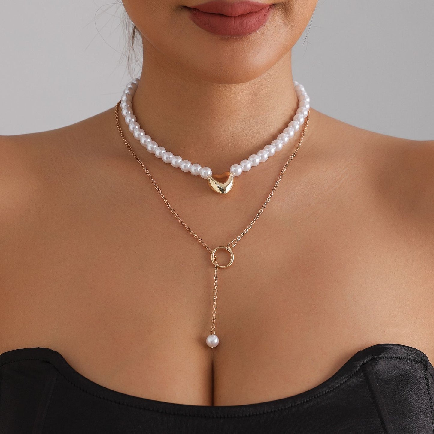 Minimalist Geometric Heart Alloy Plated Necklace with Baroque Imitation Pearl for Women