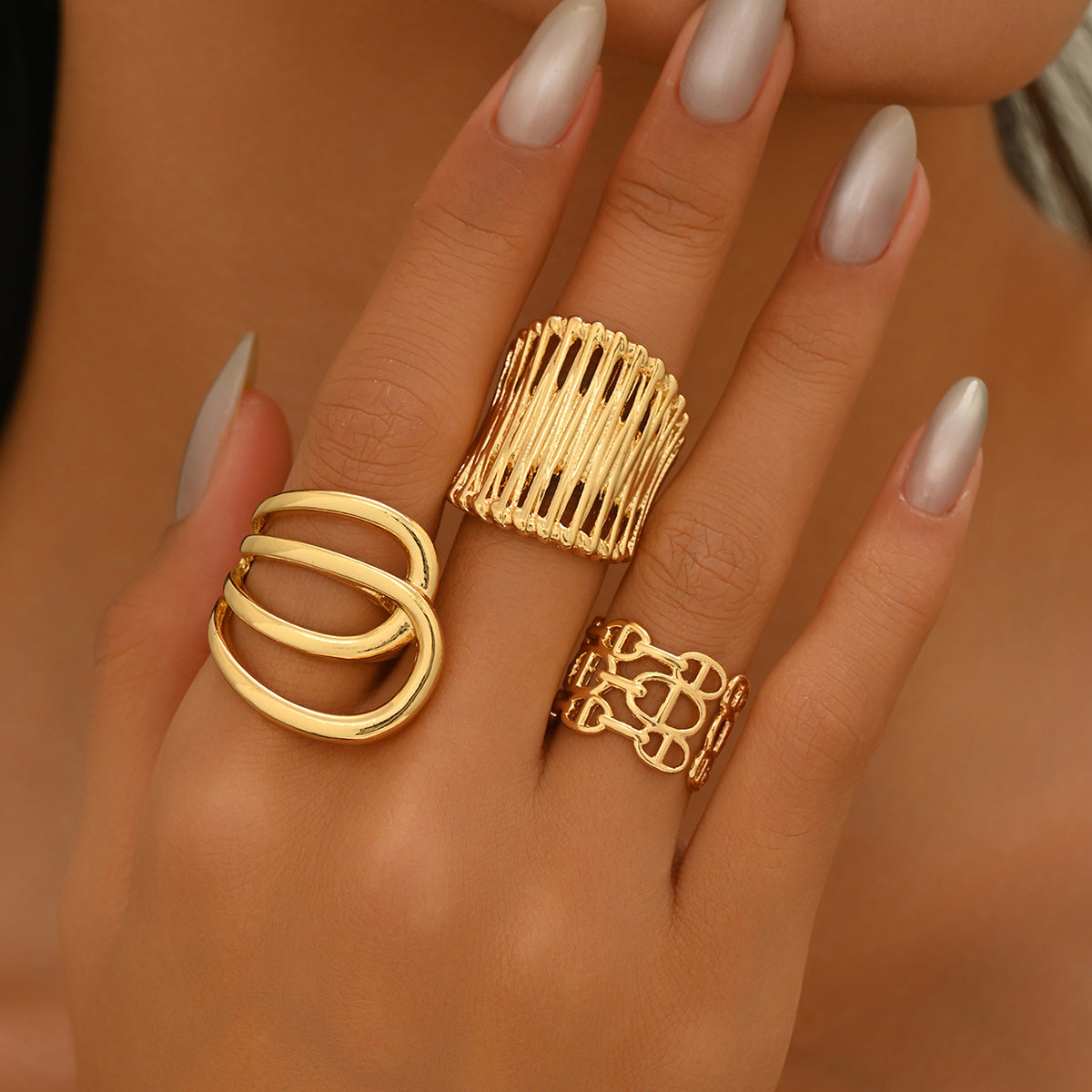 Juego de anillos ajustables de aleación de zinc pulido geométrico para mujer con patrones circulares y de anillos, joyería de mano minimalista de moda