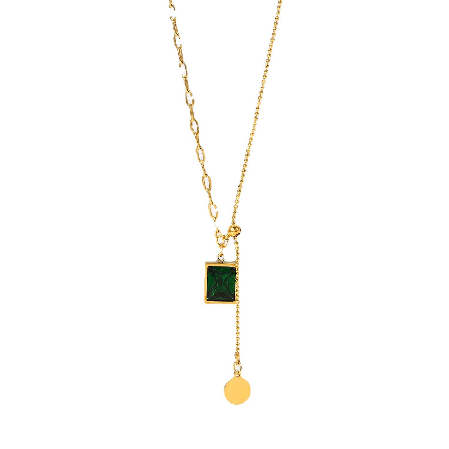Vintage Emerald Green Geometric Pendant Necklace for Women Adjustable Titanium Steel Snake Chain Minimalist Cold Tone Collar Necklace Summer New