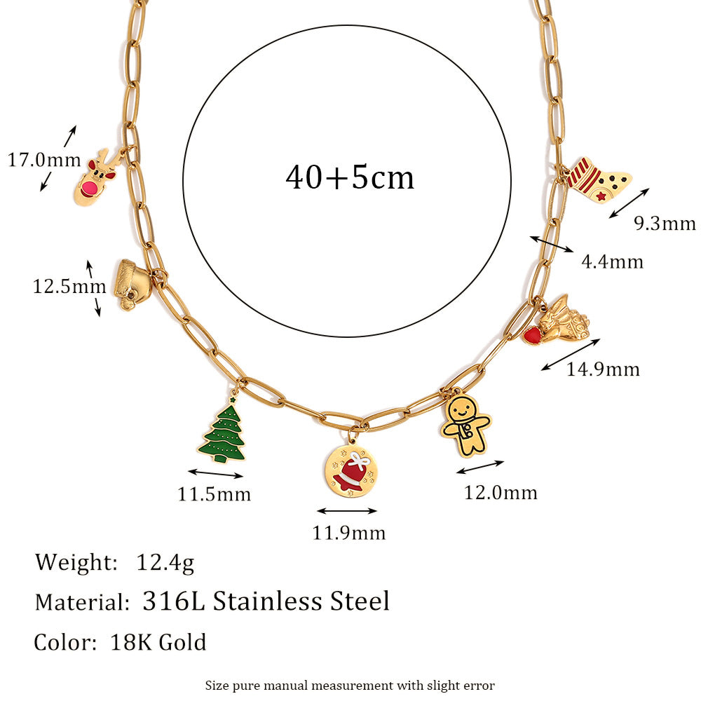 Collana con ciondolo a cartone animato natalizio carino da donna, in acciaio inossidabile con placcatura in oro 18 carati, catena a serpente con motivi a fiocco di neve, renna e campanella di Babbo Natale