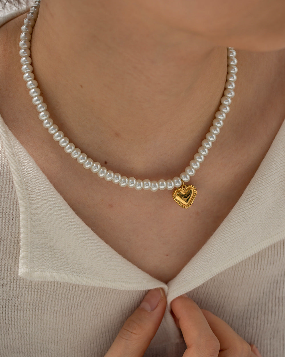 Fashionable 18K Gold Plated Stainless Steel Heart Pearl Pendant Necklace for Women