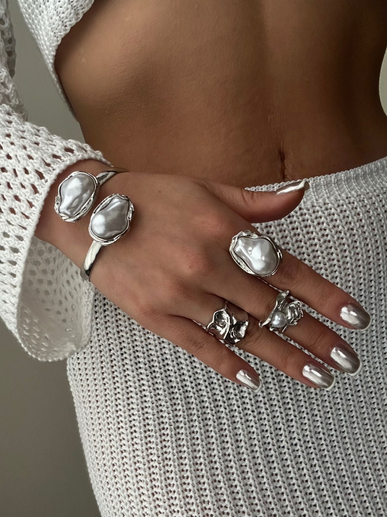 Minimalist Casual Geometric Plated Pearl Ring Set