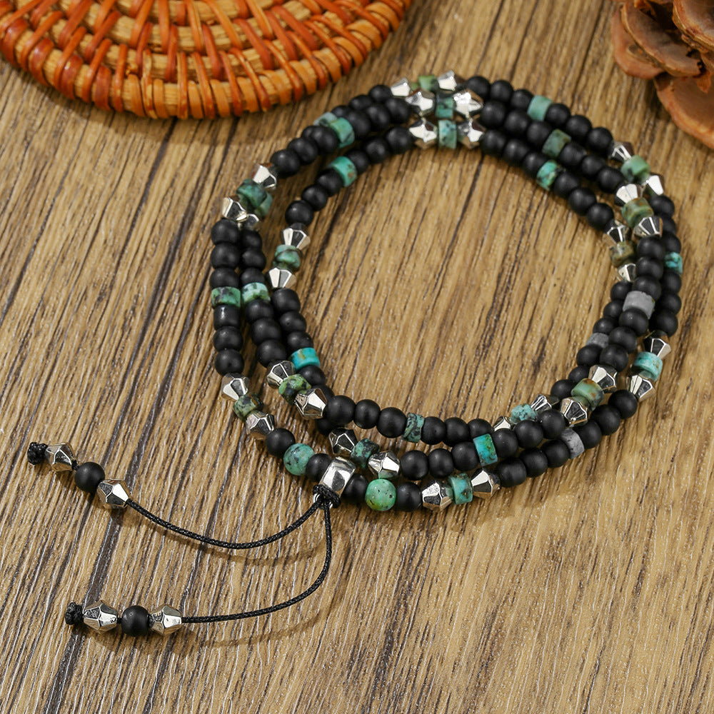 Vintage Hip-hop Geometric Matte Black Turquoise Round Beaded Multi-layer Stretch Bracelet