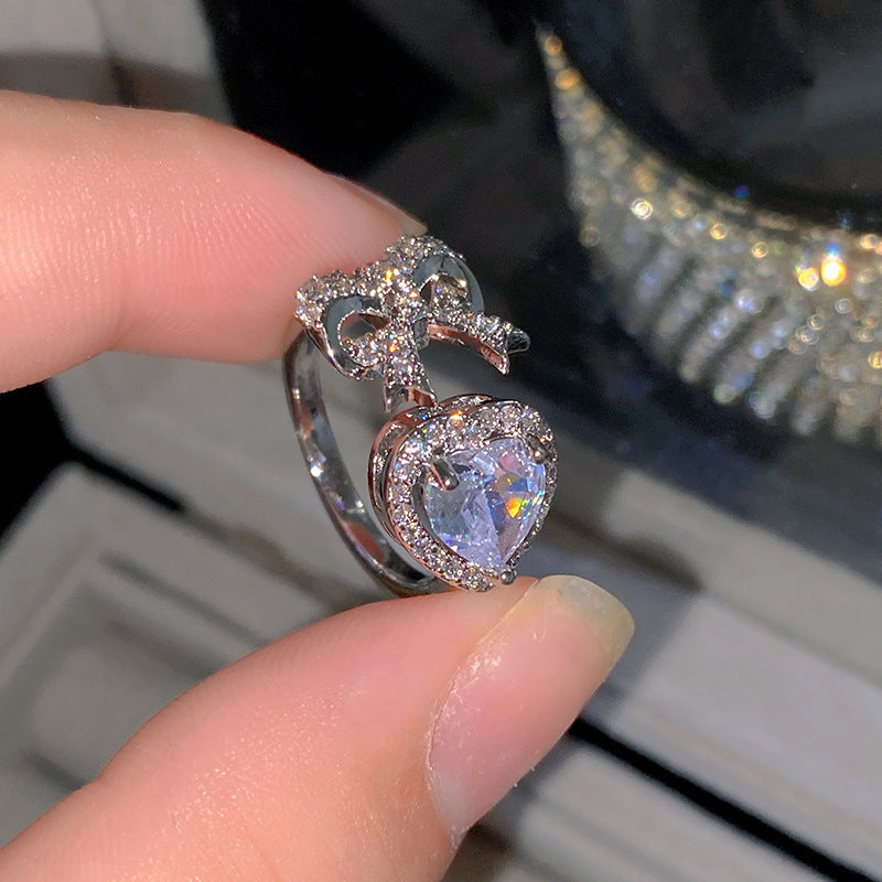 Sweet Elegant Heart Butterfly Brass Ring with Cubic Zirconia Handmade Adjustable