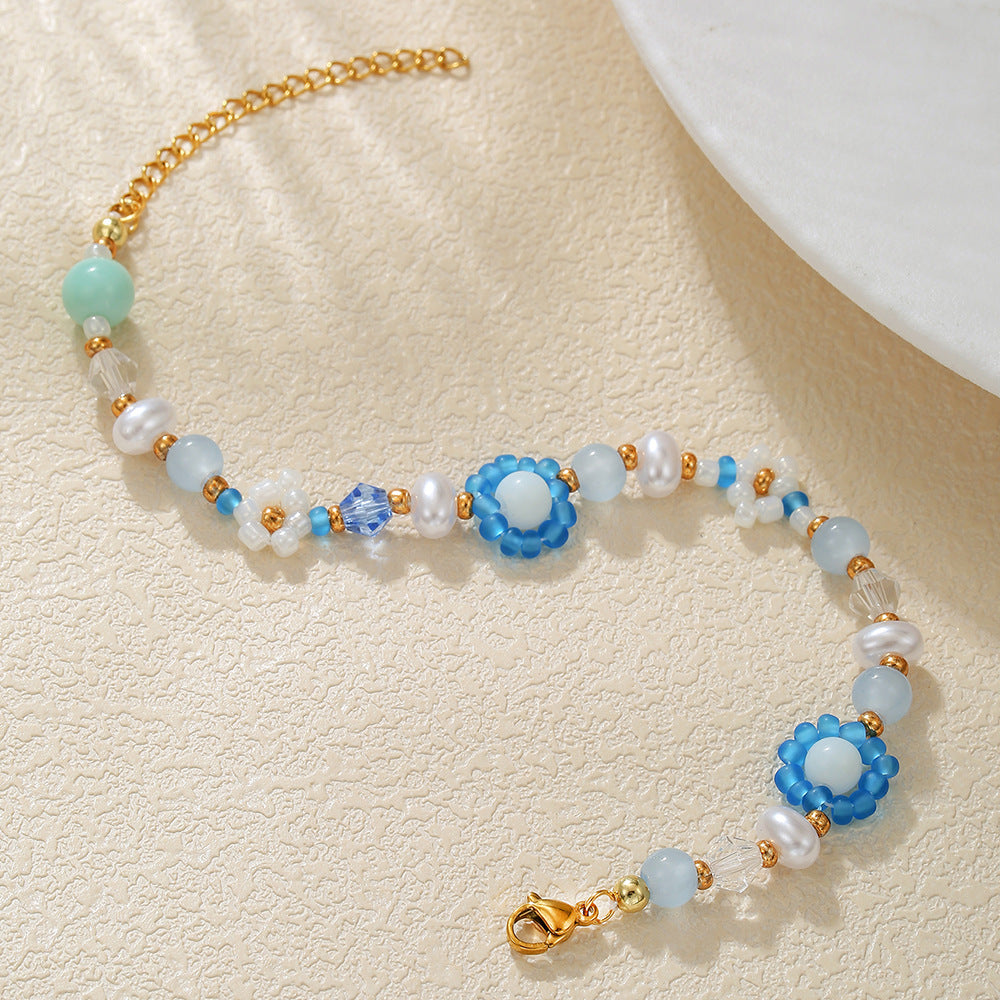 Vintage Handmade Geometric Floral Glass Bead and Pearl Bracelet for Women