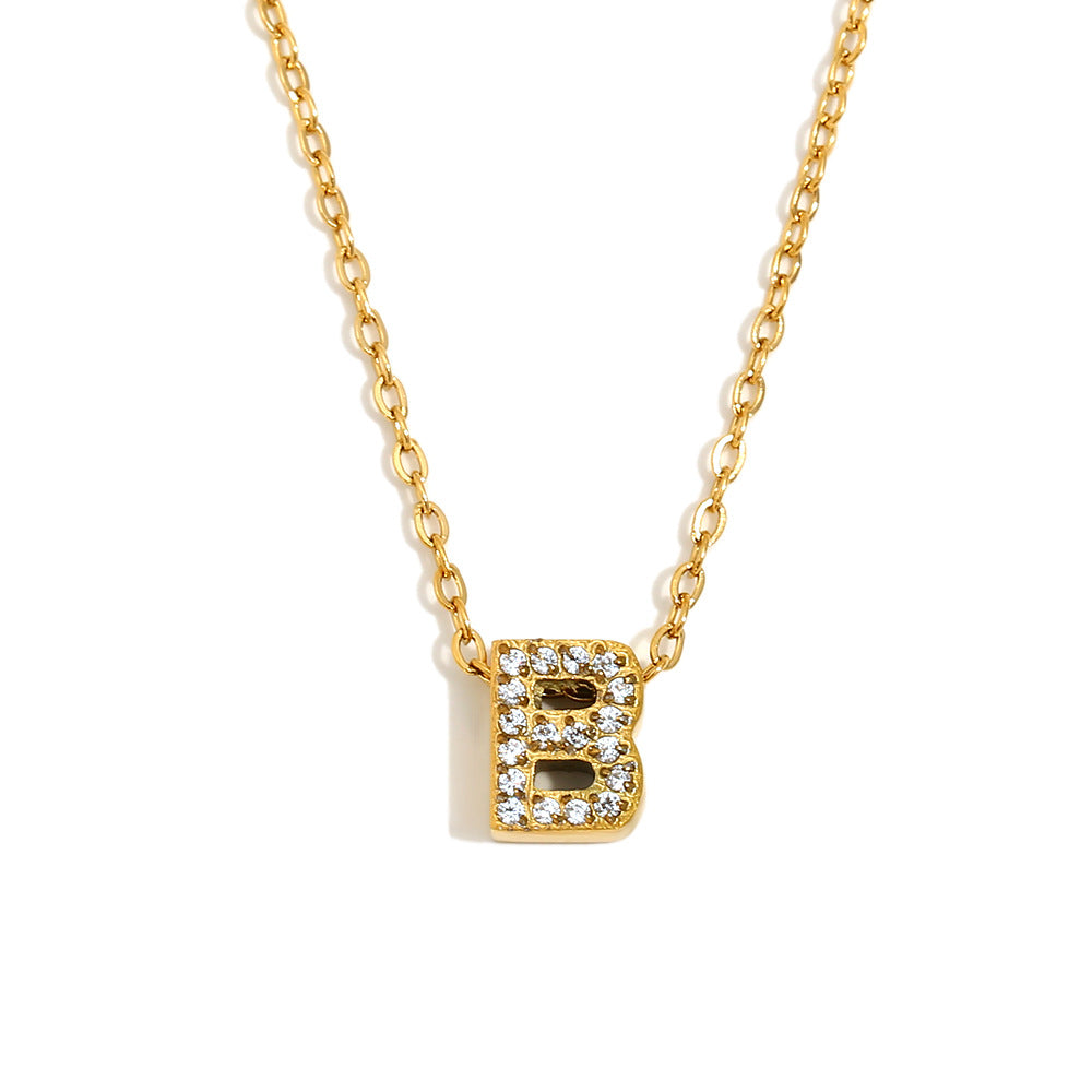 Minimalist Fashion Letter Pendant Necklace for Women Stainless Steel with 18K Gold Plating and Rhinestone Inlay