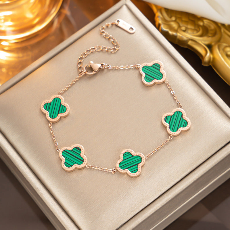 Fashion 18K Rose Gold Plated Titanium Steel Four-Leaf Clover Rhinestone Bracelet for Women