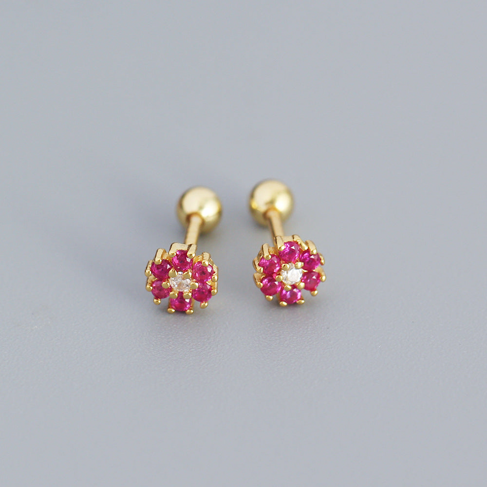 Pendientes minimalistas de plata de ley 925 con incrustaciones florales de circonita cúbica