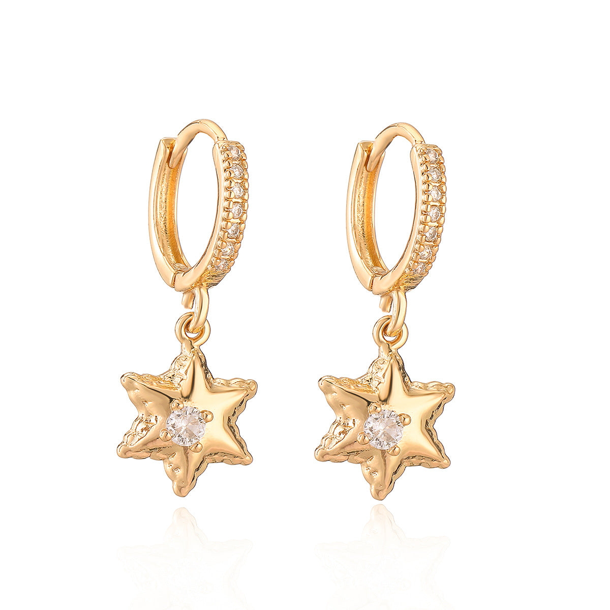 Orecchini Pendenti Minimalisti Geometrici a Stella Luna Cuore in Rame con Placcatura in Oro Vero e Intarsio di Zirconi