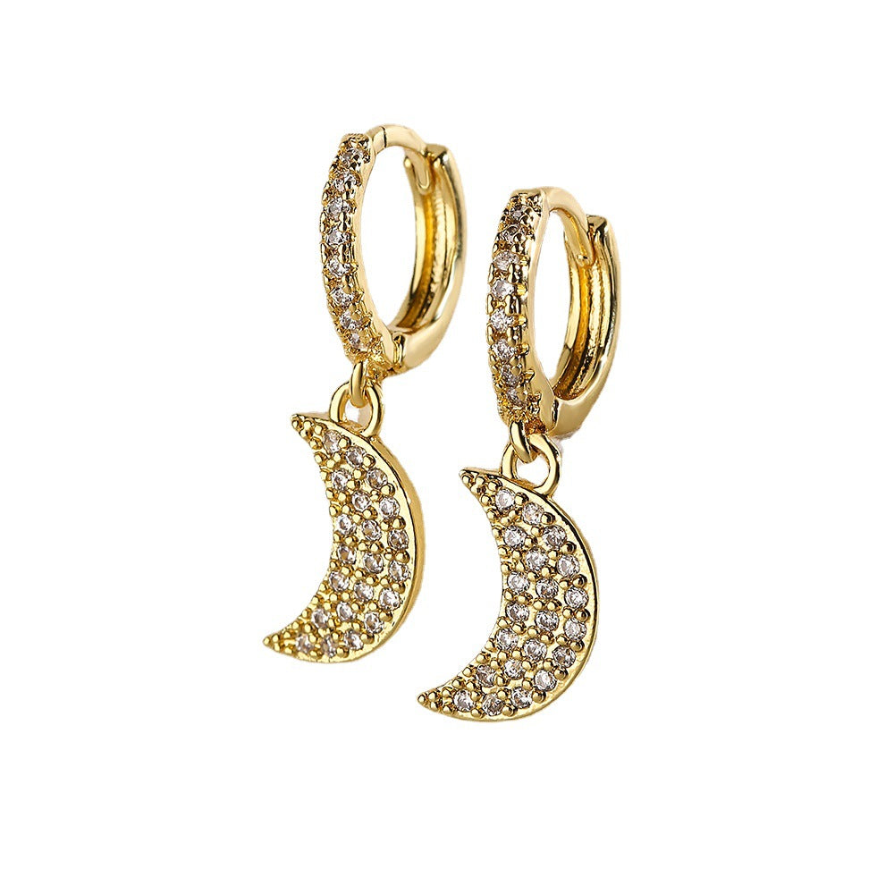 Minimalist Moon-Shaped Copper Earrings with 18K Gold Plating and Micro-Paved Zirconia for Women