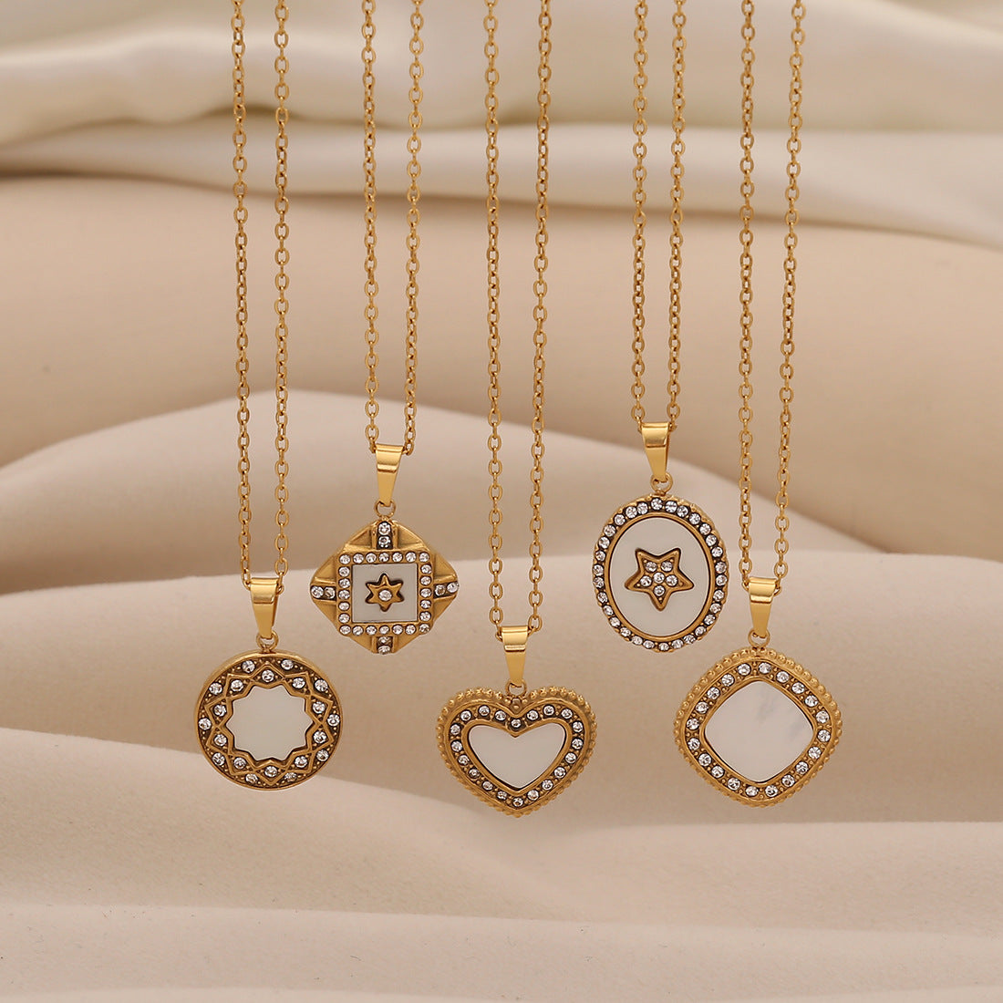 Fashionable Geometric Heart and Star Pendant Necklace in Stainless Steel with Full Rhinestone Accents