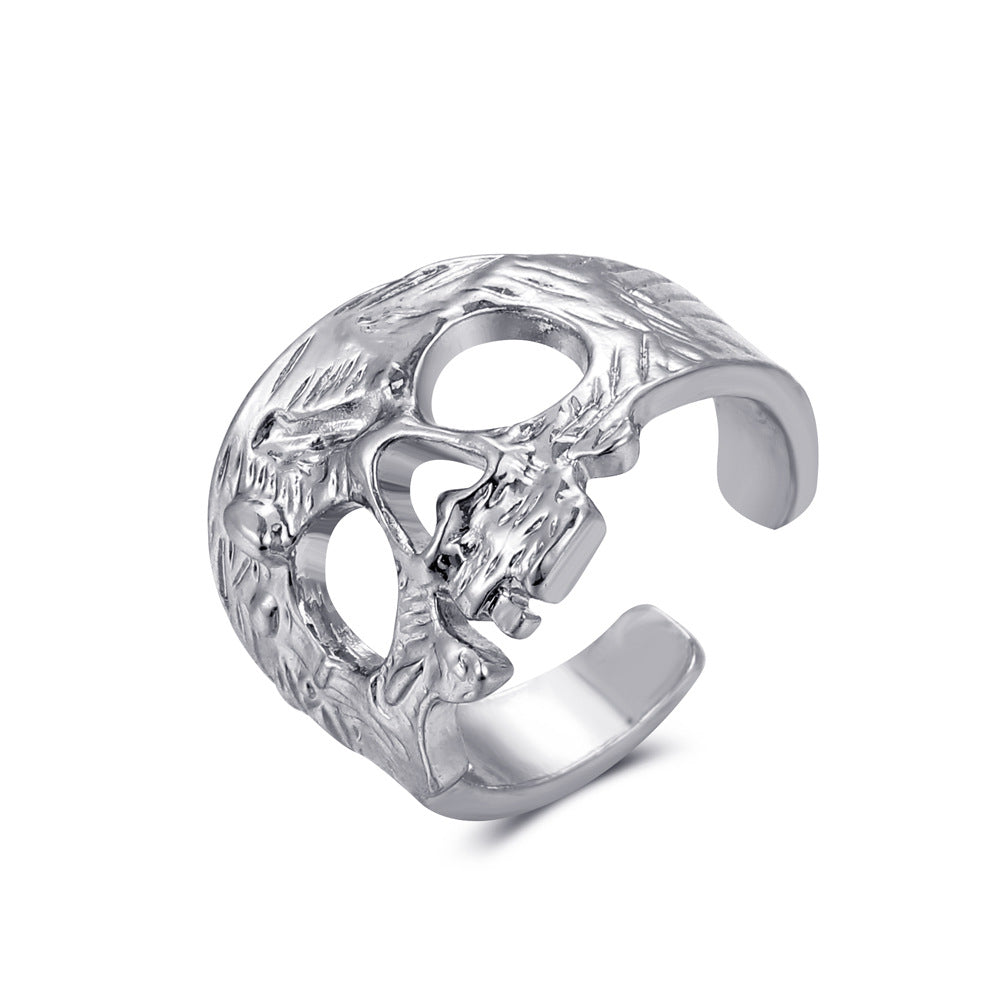 Anillo gótico vintage de calavera en aleación con acabado galvanizado y banda abierta geométrica, accesorio de moda para Halloween