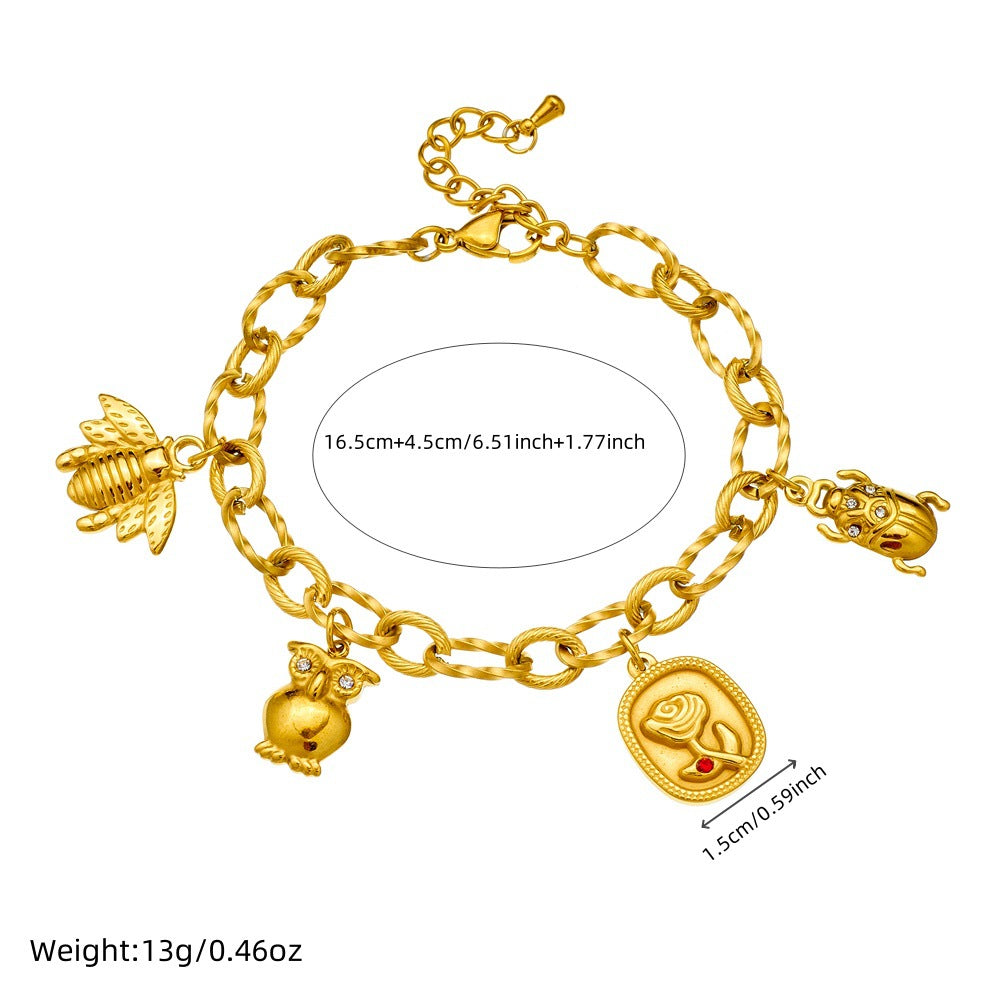Bracciale alla moda con ciondoli a forma di gufo, ape, coccinella e rosa in acciaio inossidabile placcato oro 18K