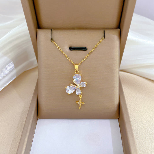 Minimalist Butterfly Pendant Necklace in Titanium Steel with Rhinestone Inlay for Women and Men