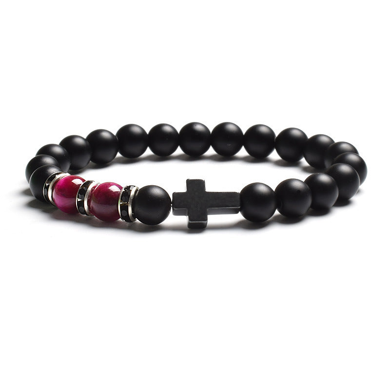 Vintage Cross Matte Stone Tiger's Eye Beaded Stretch Bracelet Unisex Geometric Handmade Jewelry