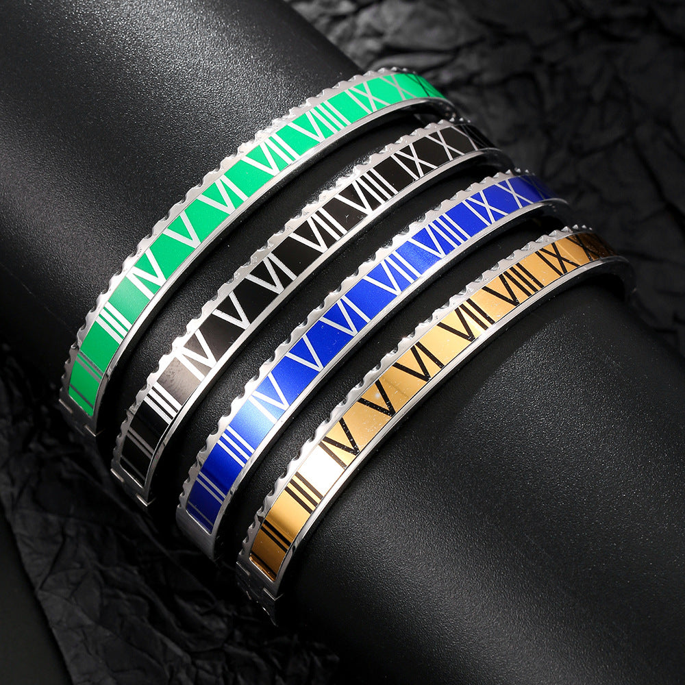 Geometric Stainless Steel Plated Roman Numeral Bracelet for Women with Egg Shape Design