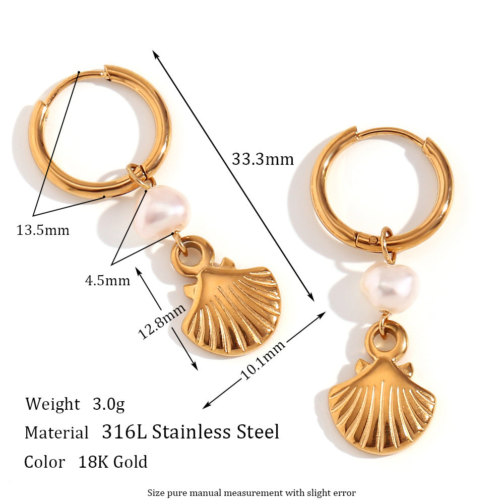 Vintage Fashion Geometric Stainless Steel Plated 18K Gold Freshwater Pearl and Shell Necklace for Women