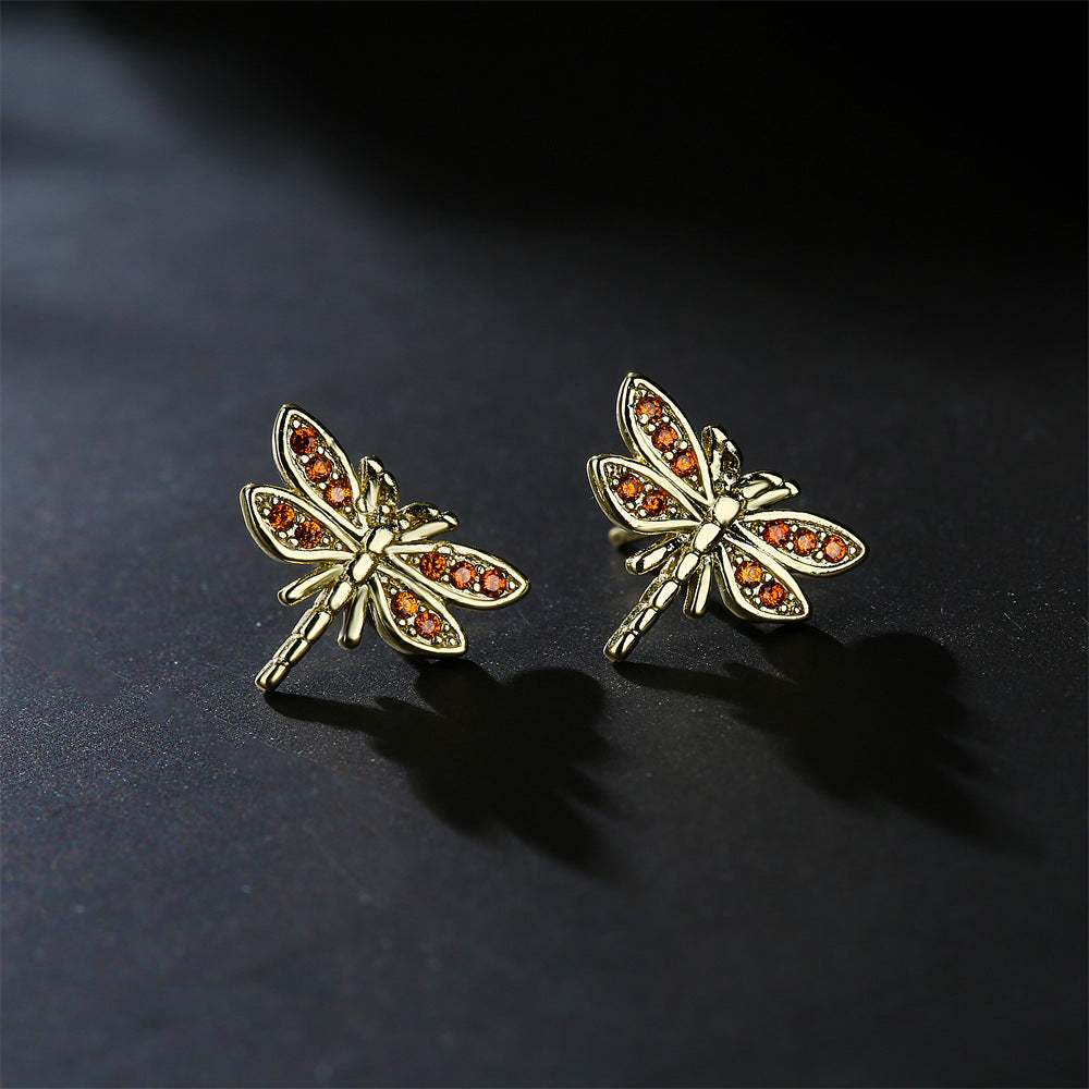 Geometric Insect Design Copper Earrings with Real Gold Plating and Zirconia Accents for Women