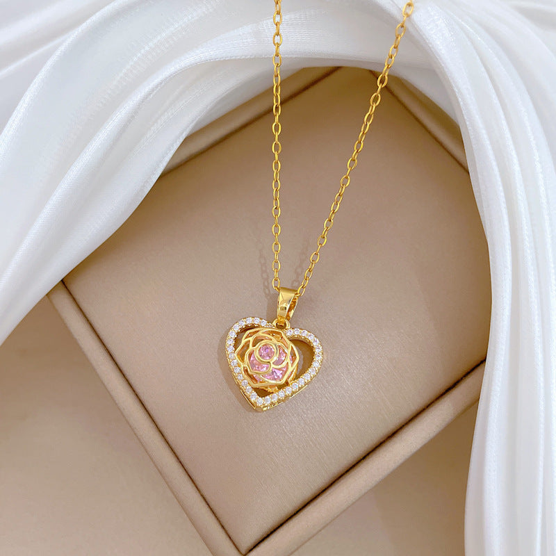 Sweet Heart Rose Rhinestone Titanium Steel Necklace Unisex Cable Chain