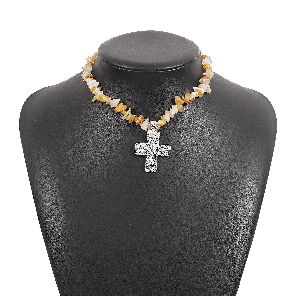 Collar con colgante de piedra irregular geométrica vintage con diseño de cruz en acabado chapado en aleación para mujer
