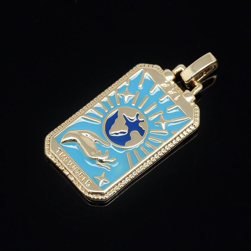 Vintage Tarot Card Pendant Necklace in Copper with Gold Plating and Enamel Finish on Box Chain for Women