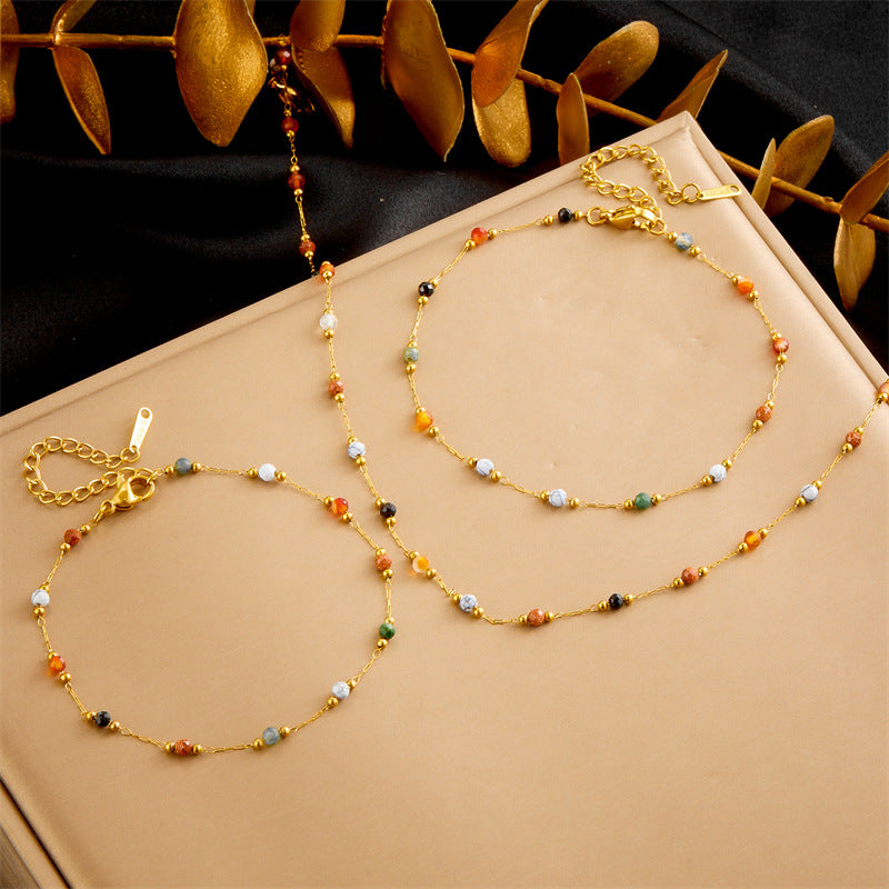 Set bracciale, collana e cavigliera in catena a maglie, con perline di pietra, in acciaio inossidabile placcato, stile Bohemian