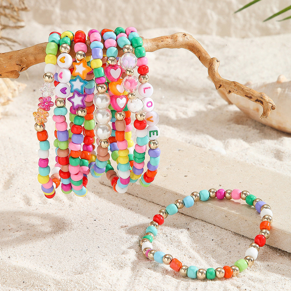 Sweet Minimalist Candy Color Heart Flower Glass Beaded Bracelet with Letter Charm