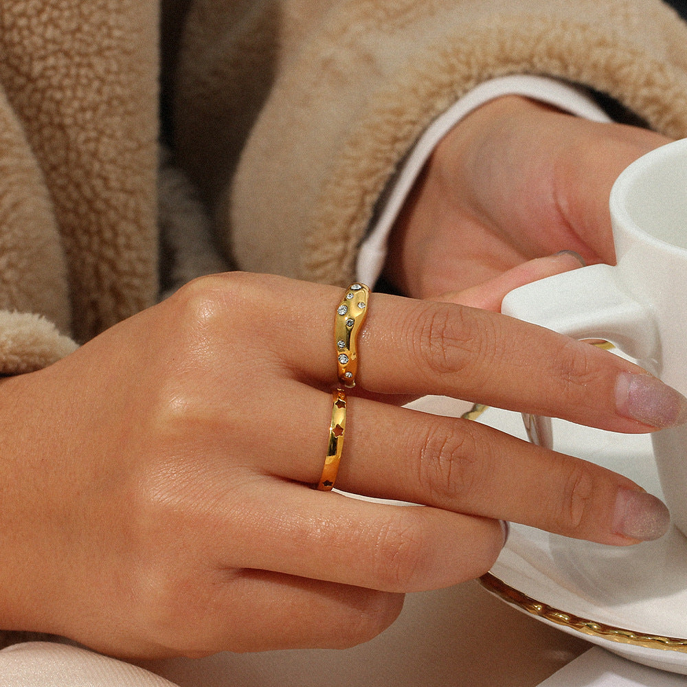 Minimalist Geometric Stainless Steel Ring with 18K Gold Plating and Irregular Zircon Inlay for Women