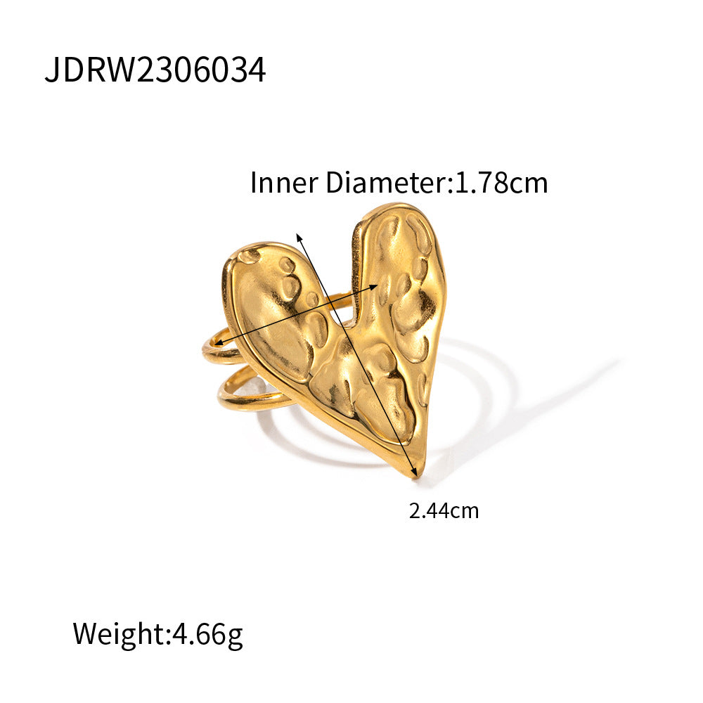 18K Gold Plated Stainless Steel Hammered Heart Ring Double-Sided Geometric Women's Jewelry