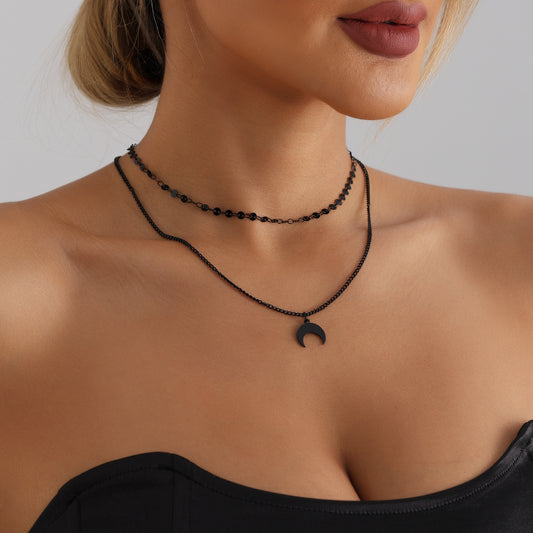 Collar Minimalista con Colgante de Luna en Aleación con Acabado Chapado para Mujer Cadena Doble para Clavícula