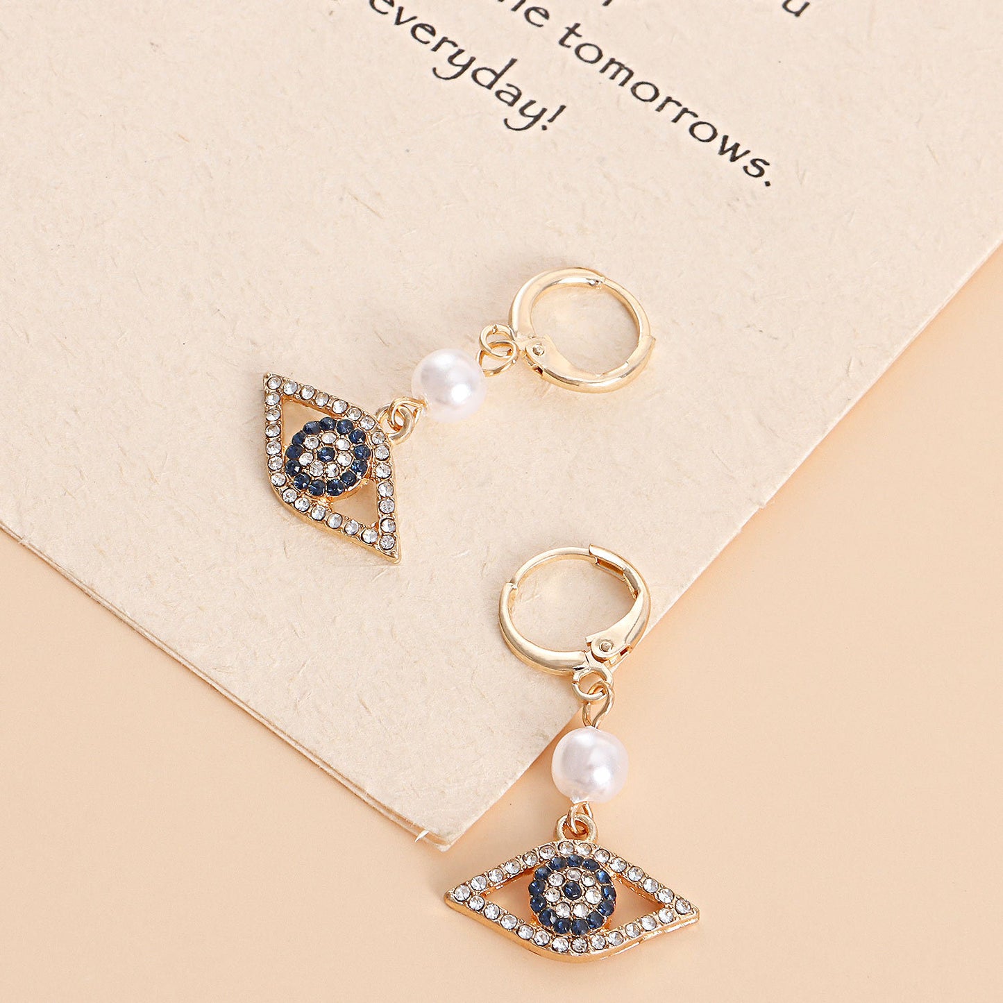 Geometric Blue-Eye Pearl Pendant Earrings for Women with Micro-Pave Rhinestones in Alloy with Plated Finish