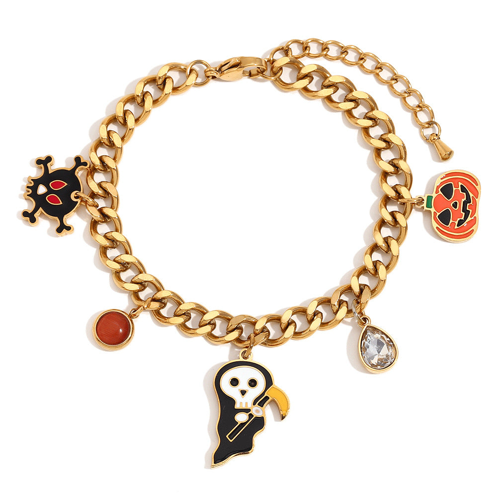 Cute and Playful Halloween Pumpkin Skull Pendant Bracelet in Stainless Steel with 18K Gold Plating, Geometric Design, Fashionable Office Wear Style