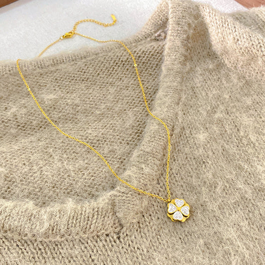 Vintage Geometric Titanium Steel Plated Necklace with Rotating Cubic Zirconia Pendant for Unisex