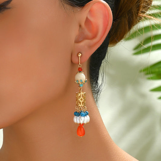 Orecchini a lanterna in rame con cristalli e perle in stile vintage da donna, con perni in acciaio inossidabile