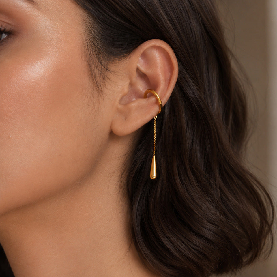 Minimalist Teardrop Stainless Steel PVD Plated C-Shaped Ear Cuff with Tassel Chain