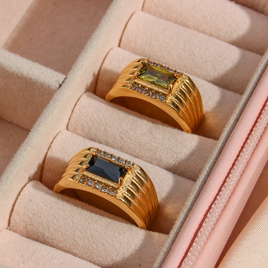 Casual Geometric Stainless Steel Ring with 18K Gold Plating and Cubic Zirconia Inlay for Women