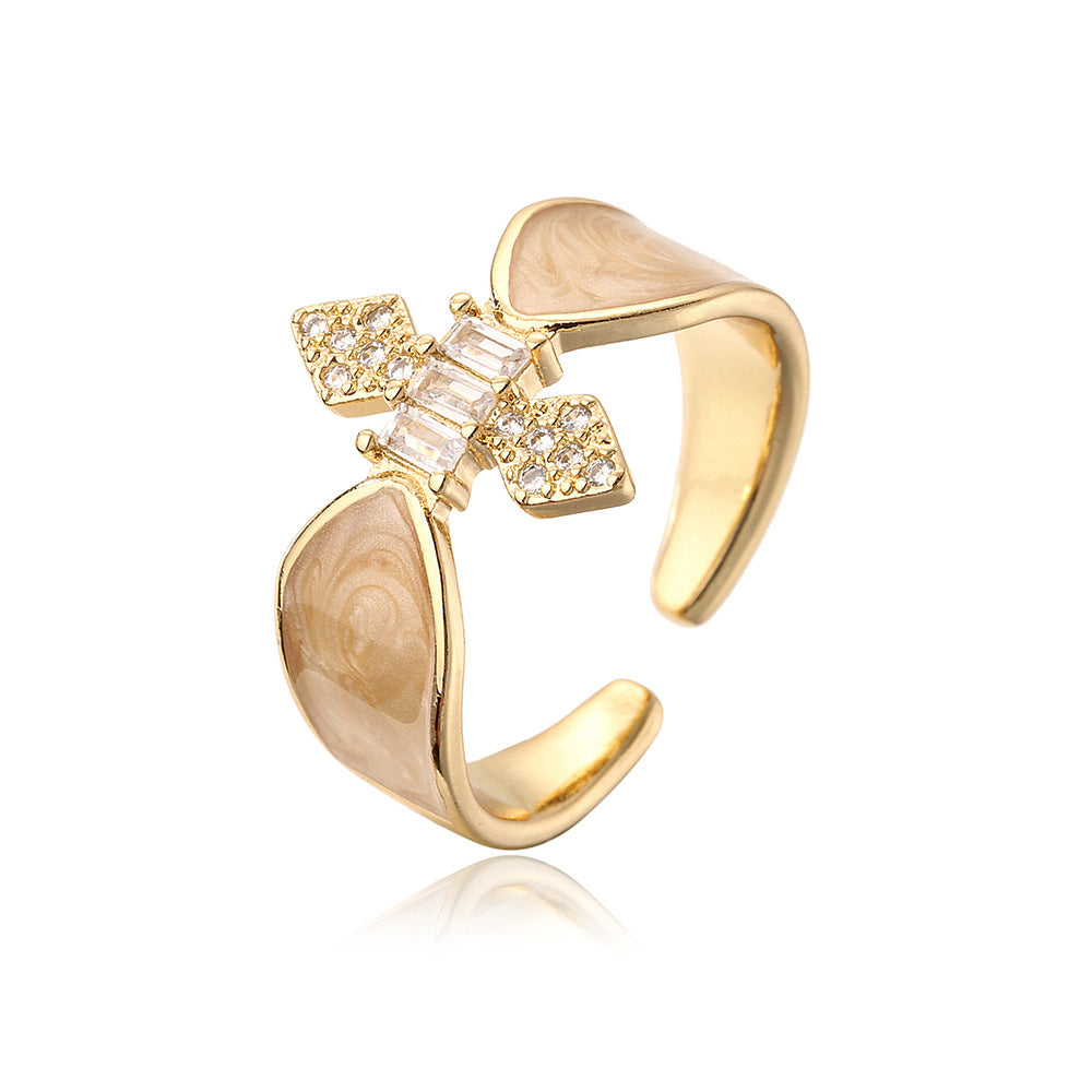 INS Style Geometric Open Ring for Women Made of Copper with 18K Gold Plating Micro-Pave Zirconia and Enamel Finish