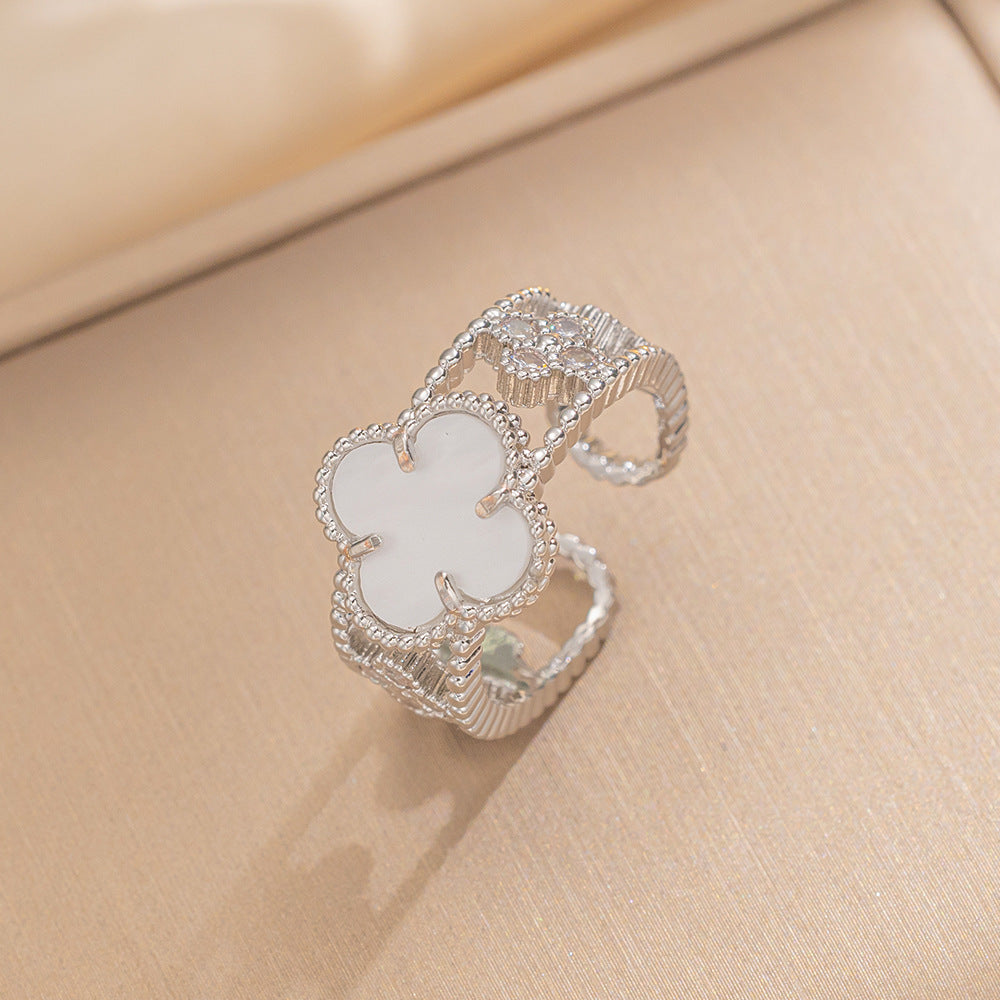 Luxury Minimalist Adjustable Open Ring for Women with Gold-Plated Copper Band and Zircon Stone Accent in Heart and Floral Shape