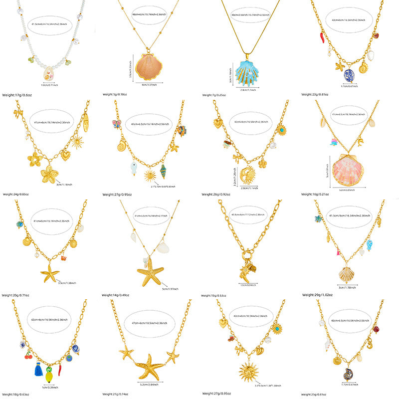 Stainless Steel Plated Star and Shell Pendant Necklace with Cable Chain for Women