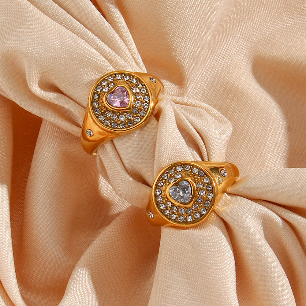 Vintage Minimalist Geometric Stainless Steel Plated 18K Gold Heart-Shaped Zircon Ring for Women