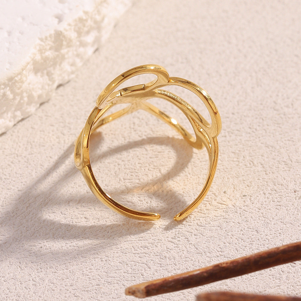 Anello aperto floreale oversize vintage in acciaio inossidabile placcato oro 18 carati da donna