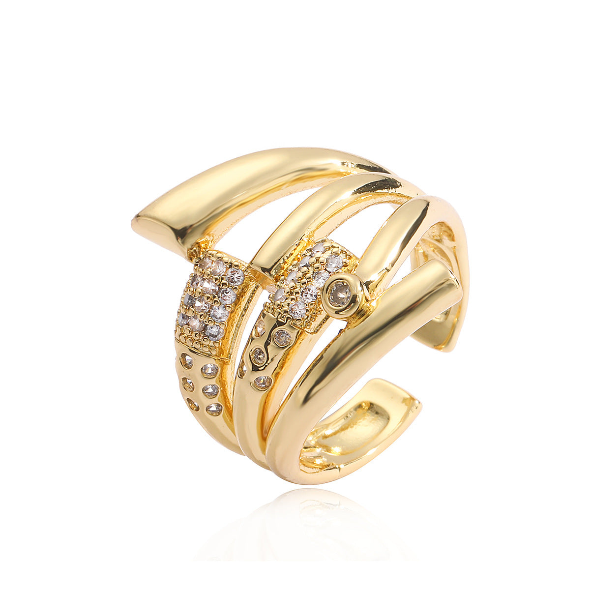 Minimalist Irregular Geometric Copper Ring with Real Gold Plating and Zircon Inlay for Women