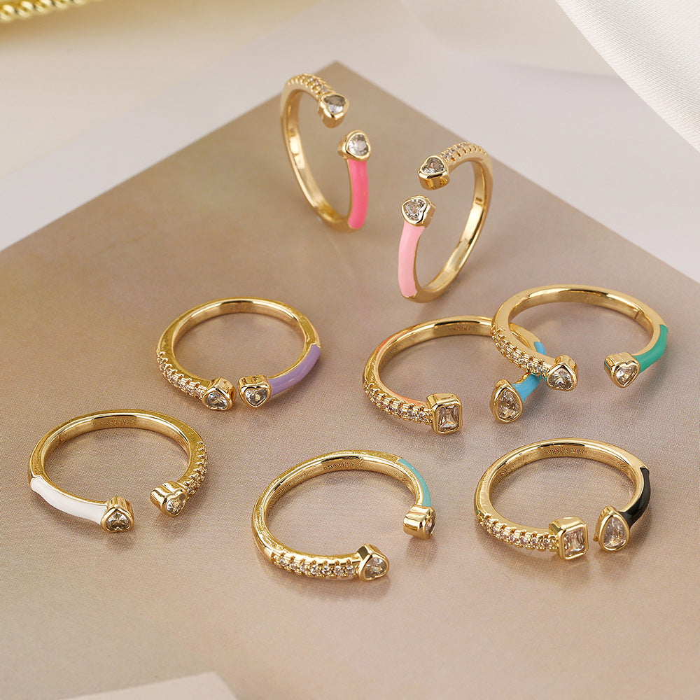 Anello Aperto Geometrico Minimalista da Donna in Ottone con Placcatura in Oro Vero e Finitura Smaltata con Intarsio in Zirconia Cubica