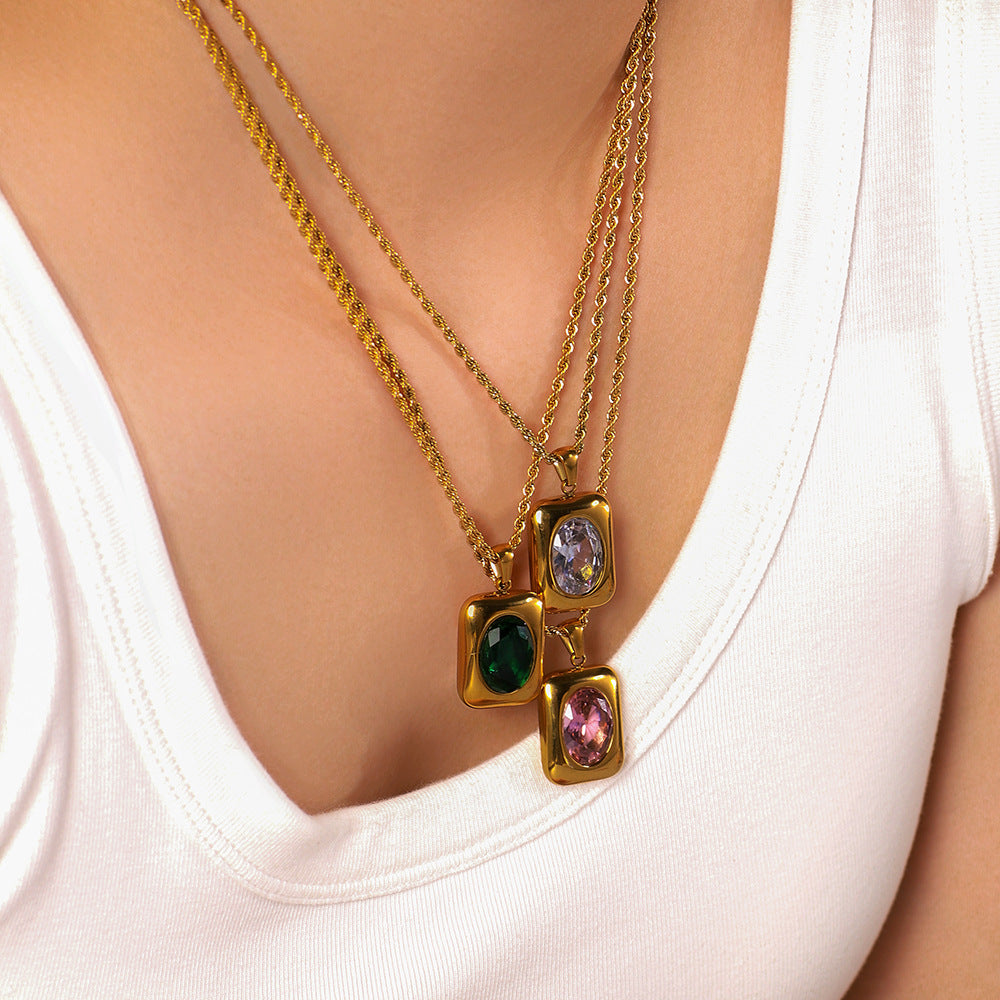 Geometric Pendant Necklace with Zircon Inlay in 18K Gold-Plated Stainless Steel on Twisted Chain for Women
