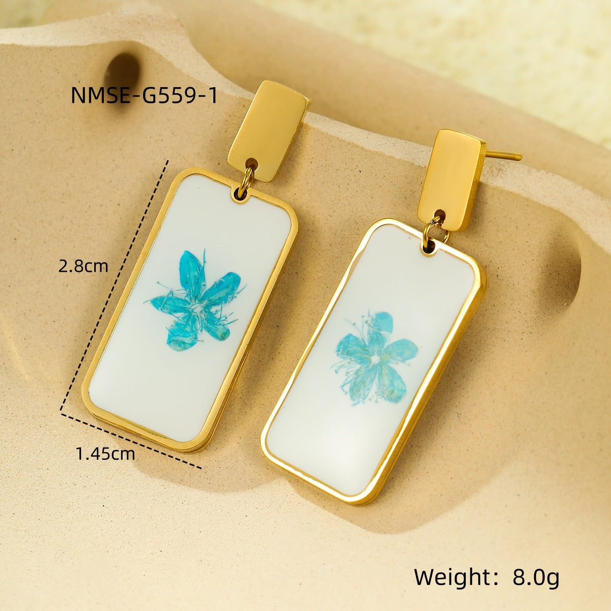 Pendientes de esmalte con colgante de flor seca en forma de corazón geométrico vintage en acero de titanio con acabado chapado