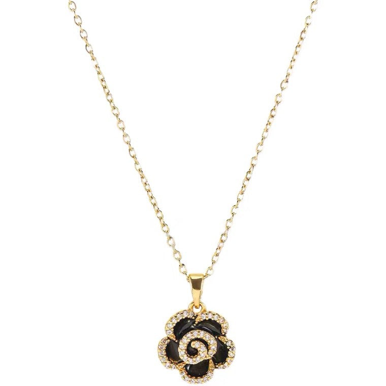 Elegant Camellia-Shaped Pendant Necklace in Titanium Steel with Gold Plating and Zircon Accents for Women