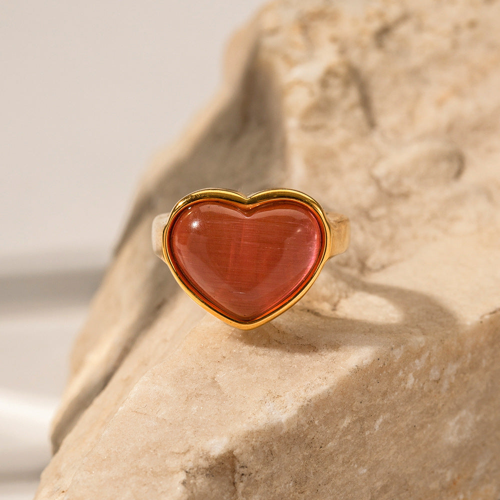 Trendy 18K Gold Plated Heart Pink Cat's Eye Stainless Steel Ring for Women